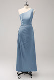 Blue One Shoulder Satin Keyhole Long Bridsmaid Dress