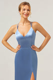 Blue Mermaid Spaghetti Straps Long Satin Bridesmaid Dress with Slit