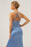 Blue Mermaid Spaghetti Straps Long Satin Bridesmaid Dress with Slit