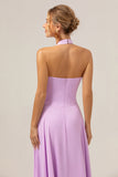 A Line Halter Chiffon Backless Long Purple Bridesmaid Dress