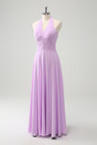 Purple A Line Halter Chiffon Long Backless Bridesmaid Dress