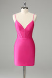 Fuchsia Bodycon Spaghetti Straps Satin Cocktail Dress