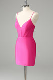 Fuchsia Bodycon Spaghetti Straps Satin Cocktail Dress