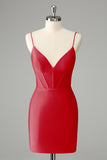 Fuchsia Bodycon Spaghetti Straps Satin Cocktail Dress