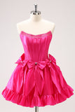 Fuchsia A Line Strapless Corset Short Cocktail Dress With Bows