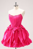 Fuchsia A Line Strapless Corset Short Cocktail Dress With Bows