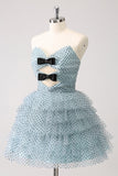 Blue A Line Tiered Dotted Strapless Cocktail Dress with Bows