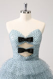 Blue A Line Tiered Dotted Strapless Cocktail Dress with Bows