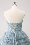 Blue A Line Tiered Dotted Strapless Cocktail Dress with Bows