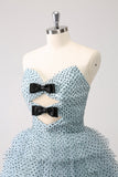 Blue A Line Tiered Dotted Strapless Cocktail Dress with Bows