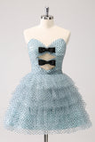 Blue A Line Tiered Dotted Strapless Cocktail Dress with Bows