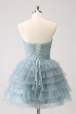 Blue A Line Tiered Dotted Strapless Cocktail Dress with Bows