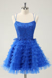 Elegant Blue A Line Spaghetti Straps Tulle Cocktail Dress with Ruffles