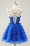 Elegant Blue A Line Spaghetti Straps Tulle Cocktail Dress with Ruffles