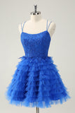 Blue A Line Spaghetti Straps Tulle Cute Cocktail Dress with Ruffles