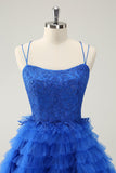 Blue A Line Spaghetti Straps Tulle Cute Cocktail Dress with Ruffles