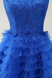 Blue A Line Spaghetti Straps Tulle Cute Cocktail Dress with Ruffles