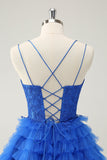 Blue A Line Spaghetti Straps Tulle Cute Cocktail Dress with Ruffles