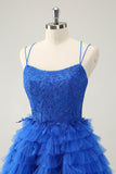 Blue A Line Spaghetti Straps Tulle Cute Cocktail Dress with Ruffles