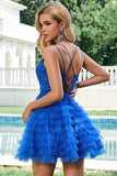 Elegant Blue A Line Spaghetti Straps Tulle Cocktail Dress with Ruffles