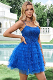 Elegant Blue A Line Spaghetti Straps Tulle Cocktail Dress with Ruffles