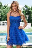 Elegant Blue A Line Spaghetti Straps Tulle Cocktail Dress with Ruffles