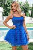 Elegant Blue A Line Spaghetti Straps Tulle Cocktail Dress with Ruffles