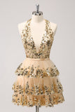 Sparkly Gold A Line Halter Tiered Short Cocktail Dress with Sequins