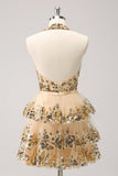 Sparkly Gold A Line Halter Tiered Short Cocktail Dress with Sequins