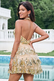 Sparkly Gold A Line Halter Tiered Short Cocktail Dress with Sequins