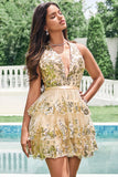 Sparkly Gold A Line Halter Tiered Short Cocktail Dress with Sequins