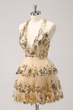 Sparkly Gold A-Line Halter Tiered Short Cocktail Dress with Sequins