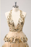 Sparkly Gold A-Line Halter Tiered Short Cocktail Dress with Sequins