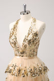 Sparkly Gold A-Line Halter Tiered Short Cocktail Dress with Sequins