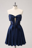 Sparkly Navy Beaded Corset Hollow Out Short Cocktail Dress With Bow