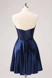 Sparkly Navy Beaded Corset Hollow Out Short Cocktail Dress With Bow