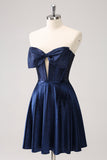 Sparkly Navy Beaded Corset Hollow Out Short Cocktail Dress With Bow