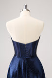 Sparkly Navy Beaded Corset Hollow Out Short Cocktail Dress With Bow