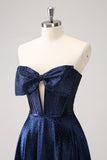 Sparkly Navy Beaded Corset Hollow Out Short Cocktail Dress With Bow