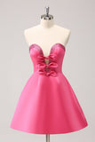 Sparkly Fuchsia A-Line Strapless Beaded Cocktail Dress with Bows