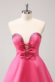 Sparkly Fuchsia A-Line Strapless Beaded Cocktail Dress with Bows