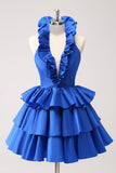 Royal Blue A-Line Halter Tiered Short Cocktail Dress with Ruffles