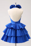 Royal Blue A-Line Halter Tiered Short Cocktail Dress with Ruffles