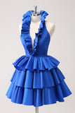 Royal Blue A-Line Halter Tiered Short Cocktail Dress with Ruffles