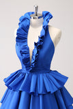 Royal Blue A-Line Halter Tiered Short Cocktail Dress with Ruffles