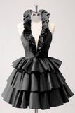 Black A-Line Halter Tiered Short Cocktail Dress with Ruffles