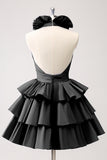 Black A-Line Halter Tiered Short Cocktail Dress with Ruffles