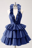 Royal Blue A-Line Halter Tiered Short Cocktail Dress with Ruffles