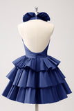 Royal Blue A-Line Halter Tiered Short Cocktail Dress with Ruffles