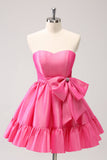 Fuchsia A-Line Strapless Ruffle Short Cocktail Dress with Bow